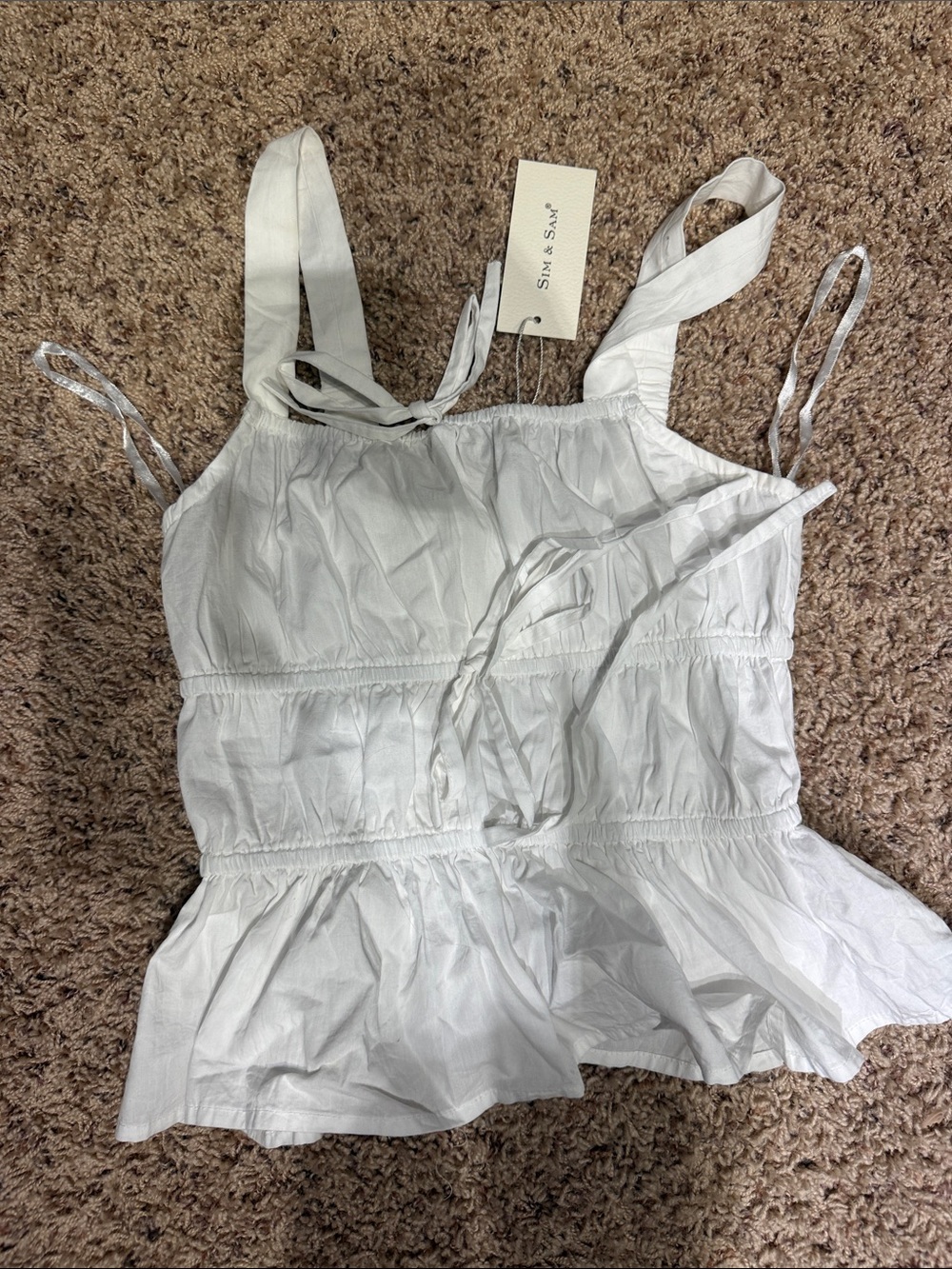 Sim and Sam White Peplum Tie-Shoulder Camisole